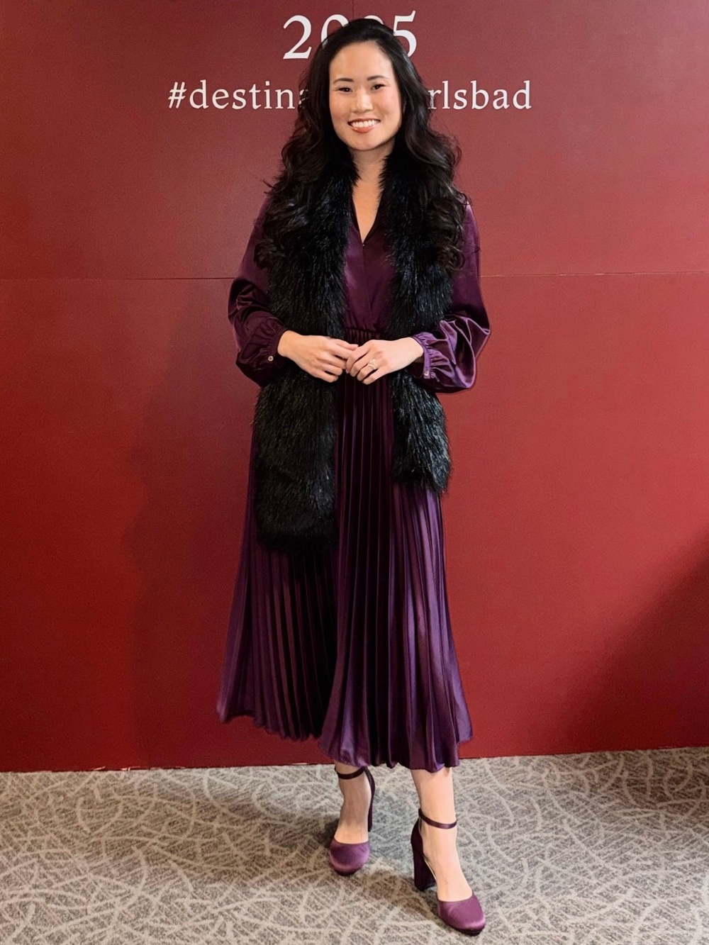 Plum Satin Pleated Midi Dress